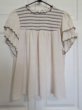 SHEIN Cream Smocked Ruffle Sleeve Blouse with Black Trim